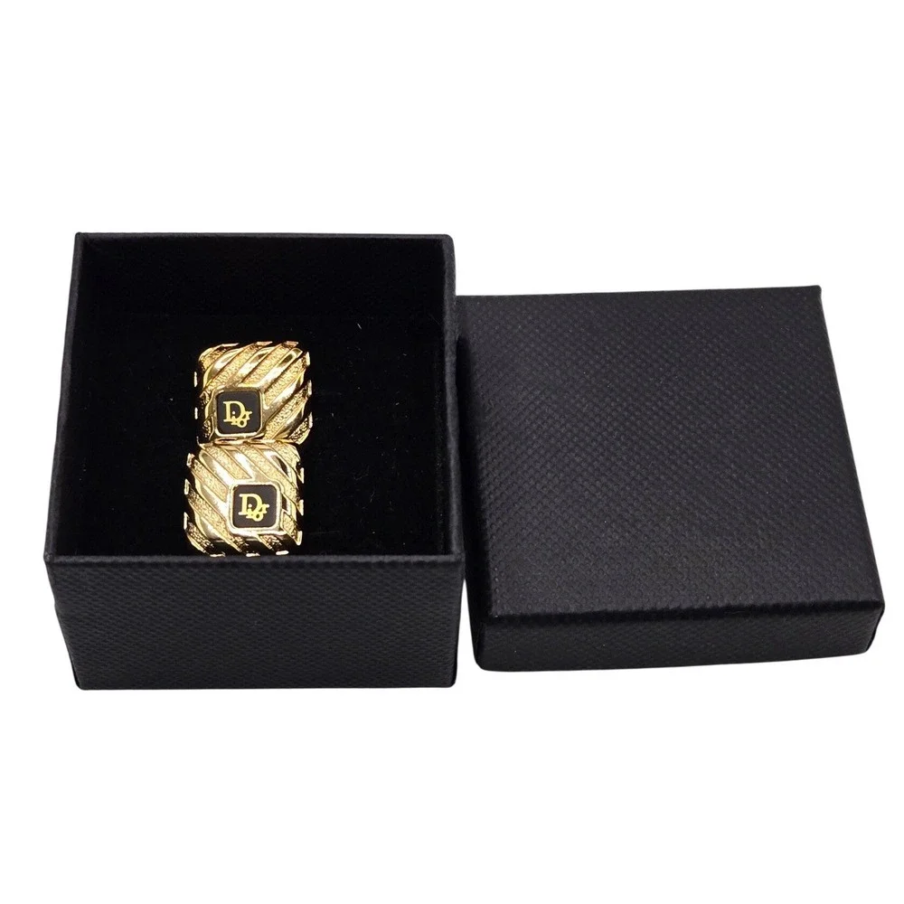 Christian Dior Vintage Mens Gold Tone Black Enamel CD Logo Square Cufflinks